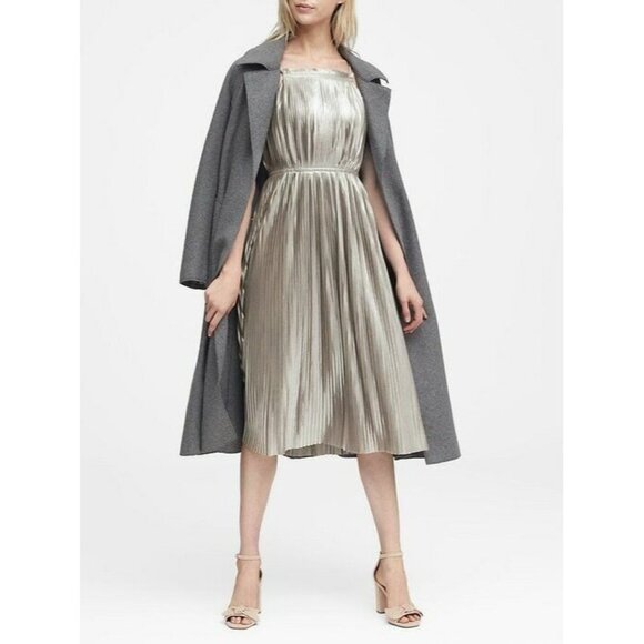 Banana Republic Dress 14 Silver Pleated Fit-and-Flare Metallic Cocktail Party - Picture 2 of 12